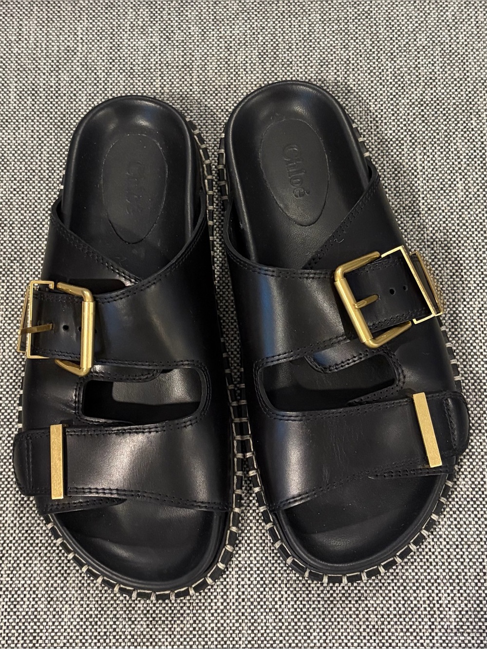 Black Leather Buckle Slide Sandals